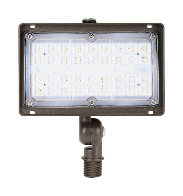 Mini Outdoor Flood Light with LED light bulbs, black accents, and used for security purposes